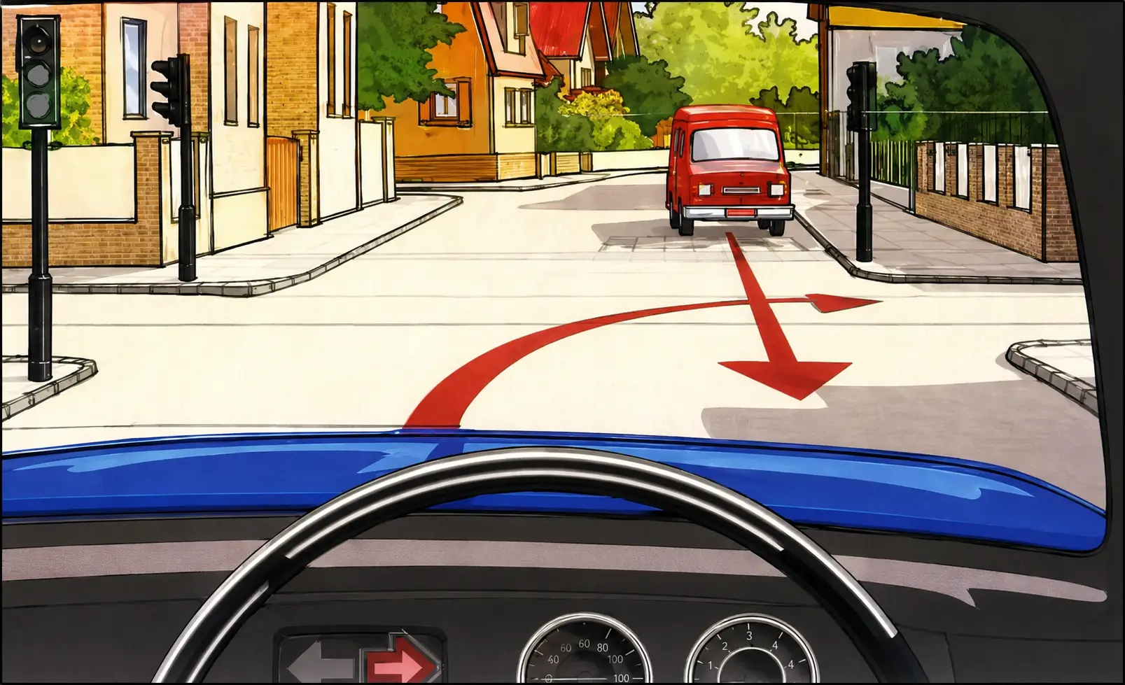 Driver's view turning right at a junction with a red van ahead and green traffic light